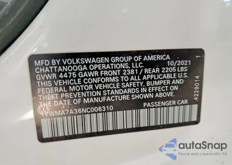 2022 Volkswagen Passat R-Line z USA, uszkodzony, nr VIN 1VWMA7A36NC006310